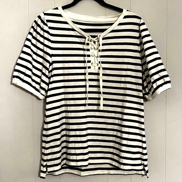 Talbots Tops - Talbots Brenton Stripe Blue White Short Sleeve Tie Front Tunic 100% Cotton Med